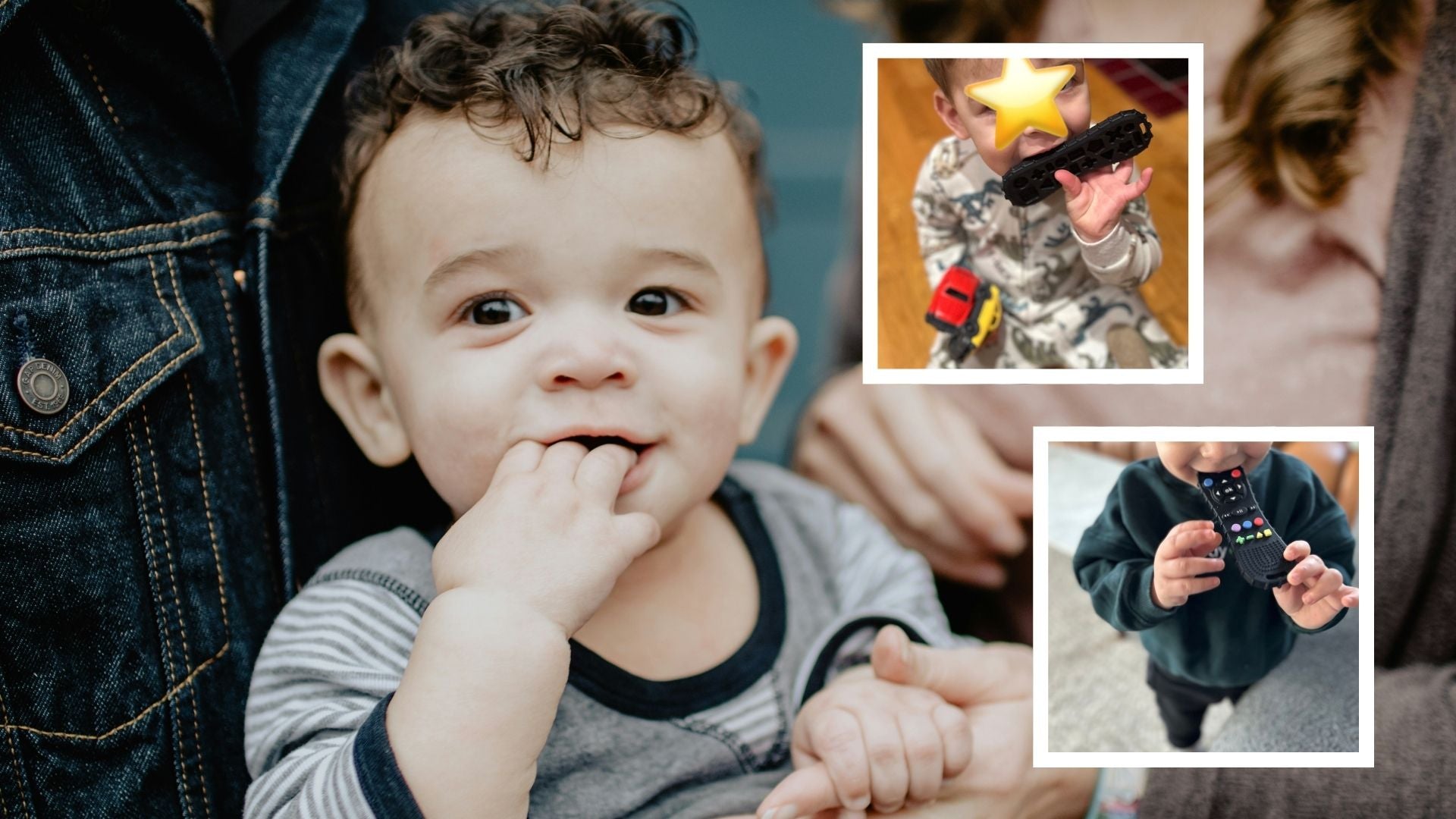 Boy toddler held by his mother and father, chewing on his hand. Two inset images each show a toddler boy chewing on a remote control teething toyslider_item_THgKa4